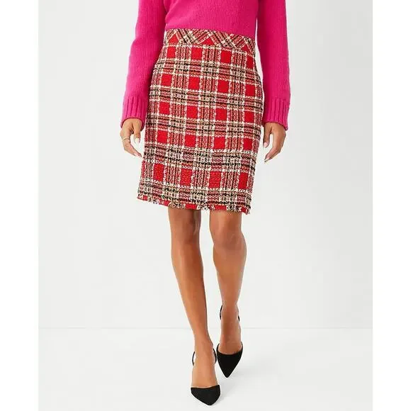 Ann Taylor Plaid Fringe Tweed Skirt Classic Red 578511 Sz 4 Top Of Knee NWOT - Picture 13 of 16
